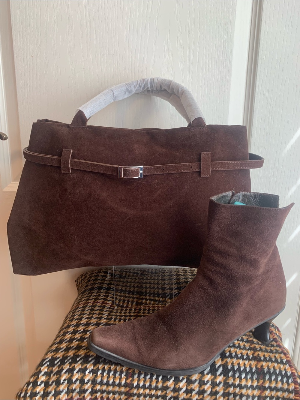 Amazon Chocolate Brown Suede Satchel with Slim Belt Detail